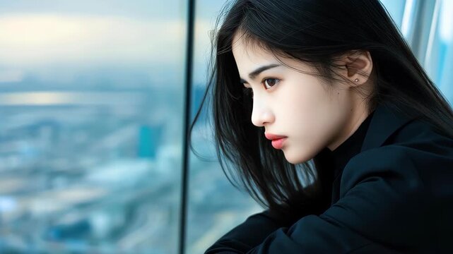 Contemplative Gaze: A person gazing thoughtfully out of a large window, with a serene sky in the background. Reflecting on thoughts and emotions.