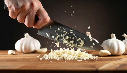 Chopping Fresh Garlic Cloves With A Knife On A Wooden Cutting Board Creating A Pile Of Minced Garlic With Whole Garlic Bulbs In The Background