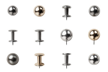 Collection of Metallic Push Pins on White Background