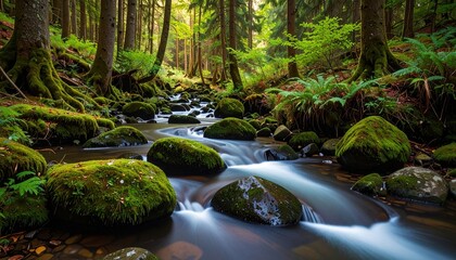 Naklejka premium Lush Green Forest Stream Flowing Over Moss Covered Rocks With Soft Sunlight Filtering Through Trees