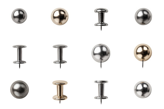 Collection of Metallic Push Pins on White Background