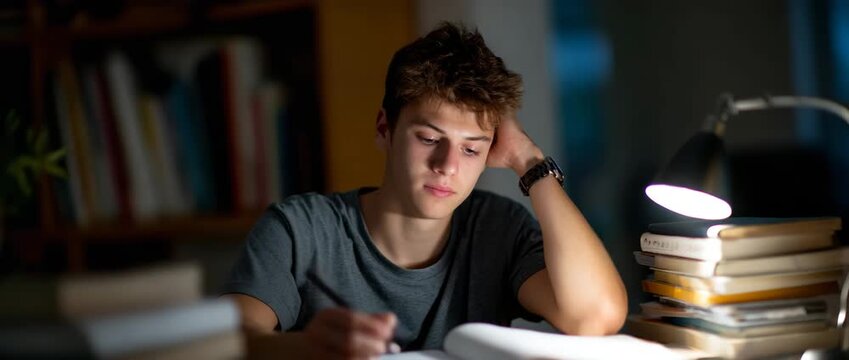 A young student looks pensive while surrounded by books and study materials at home.