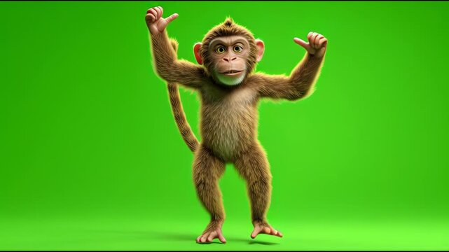 Funny Monkey Character Jumping and Dancing on Green Screen.