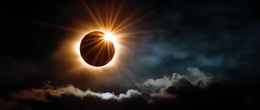 A stunning total solar eclipse with vibrant rays bursting through clouds.