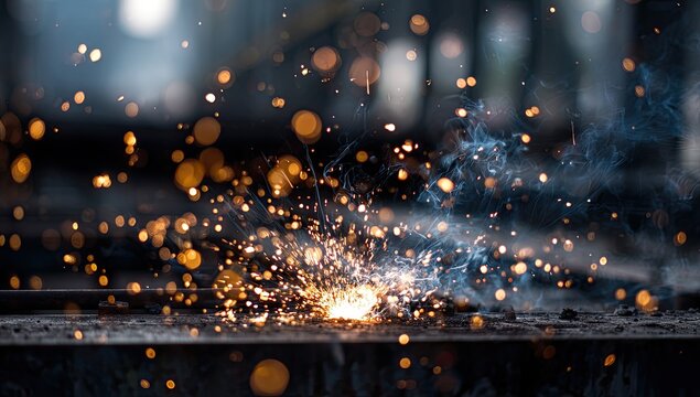 Intense welding sparks and smoke illuminate a dark, industrial scene