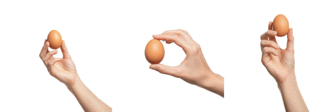 Set/Collection of fresh organic eggs hand holding, realistic chicken eggs in natural shell, breakfast ingredients, farm produce, healthy food concept, nutrition and protein, free-range eggs, brown and