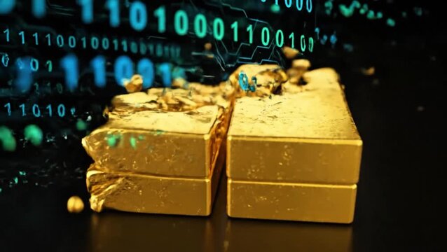 Abstract Digital Sequence Of Blue And Green Binary Code Transforming Into Solid Gold Bars