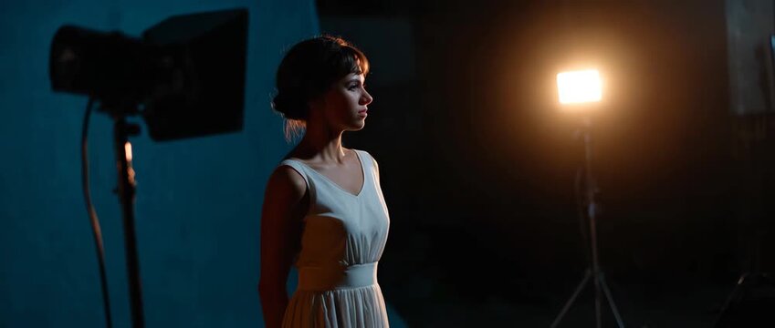 A woman stands gracefully under artistic, directional lighting.