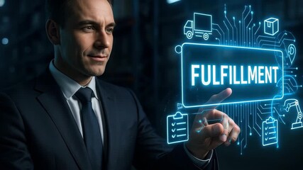 Fulfillment in Supply Chain: A business professional confidently interacts with a digital interface, highlighting the concept of fulfillment within a complex supply chain network. - Powered by Adobe
