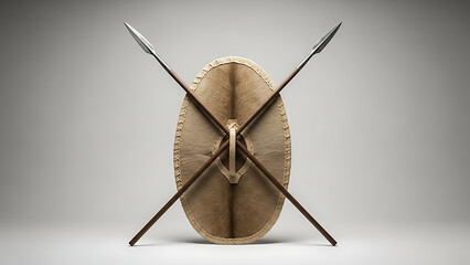 Ancient shield made of animal hide with two crossed spears on a neutral background leather weapons warfare tribal primitive
