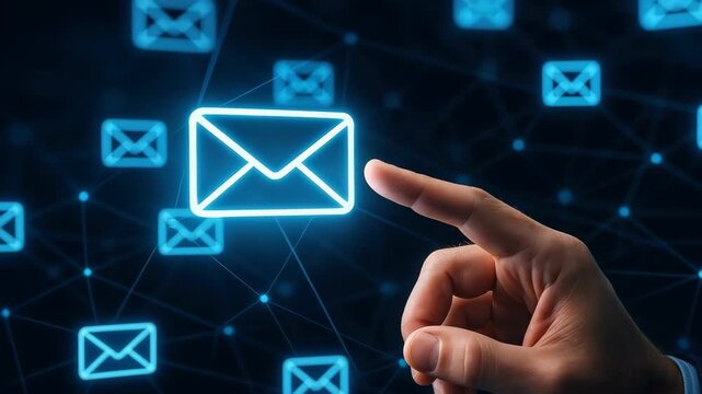 Digital Connection: A finger interacts with illuminated email icons, symbolizing the interconnectedness of global digital communication and the swift flow of information in modern life.