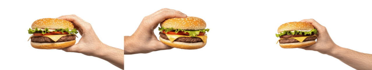 Set/Collection of human hand holding burger, fast food meal with juicy beef patty, fresh ingredients, street food, restaurant and tasty snack concept isolated on transparent PNG background