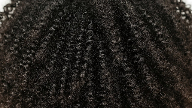 Close-up of dark curly hair with shiny texture on a white background coily afro afro-textured black tight curls locks