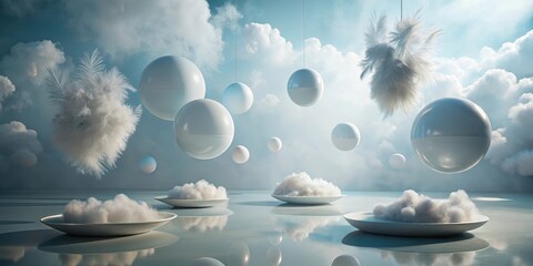 Ethereal white spheres and fluffy cloudscapes create a serene and dreamlike composition, suspended in a tranquil azure sky, evoking a sense of peaceful contemplation and imaginative wonder
