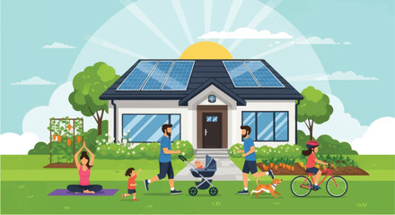 Obraz premium Family enjoying life at a solar powered house.