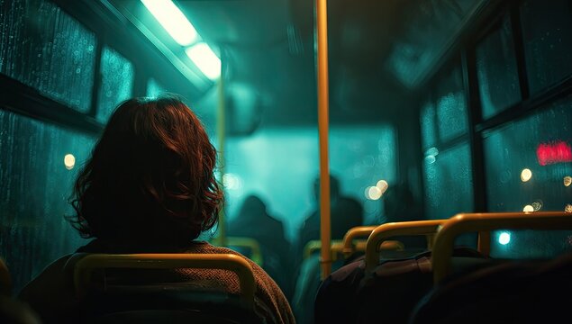 Person on a bus at night, looking out at rainy city lights