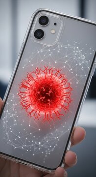 Close-up of iPhone with Coronavirus Graphic Overlay.