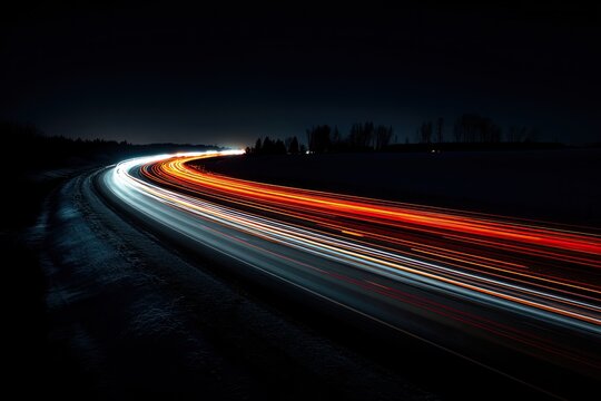 Streaks of light from moving vehicles on a dark highway at night