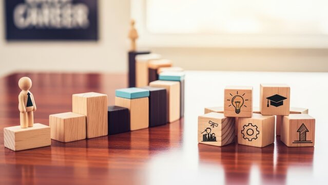 The concept of planning and growth shown by arranging blocks for a career journey.