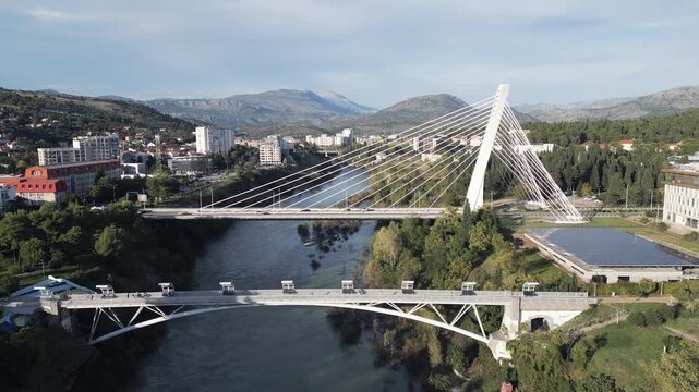Flying forwards above the city of Podgorica, the capital of Montenegro. Panoramic view.