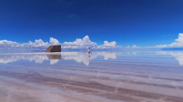 A woman walks across the expansive Salar de Uyuni salt flats in Bolivia, her reflection mirrored in the shallow water under a clear blue sky