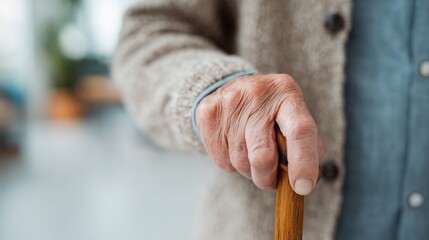 Close-up of an active senior hand holding a wooden walking cane.