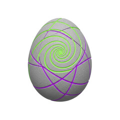 Fototapeta premium Abstract easter egg with geometric pattern: textured gray egg with neon green spiral and purple linear design, modern art style.