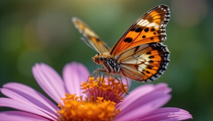 Obraz premium Butterfly Resting on a Vibrant Pink Flower During a Sunny Day in a Garden