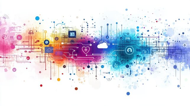 Watercolor abstract cyber network map with layered circuits floating icons AI cloud and security themes expressive brush strokes for modern technology concept