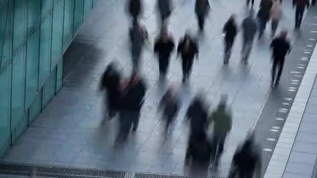 High angle view of a blurry crowd of anonymous people quickly walking along a modern sidewalk, representing the fast pace of urban life, commuting, and the general public in a busy city