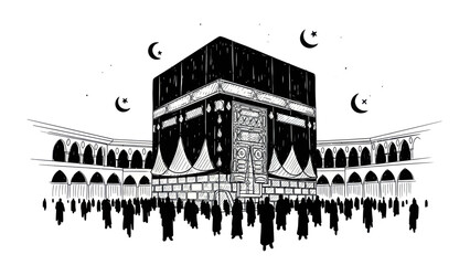 Obraz premium Kaaba and pilgrims in Mecca, a sacred Islamic site.