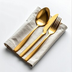 Elegant Gold Cutlery Set Spoon Fork Knife Resting on Neutral Linen Napkin Minimalist Table Setting Studio Lighting