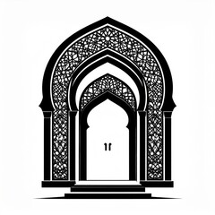 Intricate Black and White Islamic Archway With Detailed Geometric Patterns And Double Doors Suggesting Entry Or Passage
