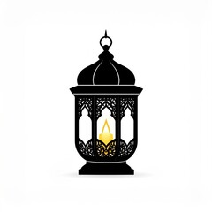 Intricate Black Ramadan Lantern with Glowing Yellow Candle Isolated on White Background Warm Light and Decorative Ornate Metalwork