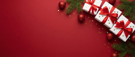 Top view photo of red christmas tree balls pine branches white gift boxes with ribbon bows and golden confetti on isolated red background with copyspace