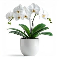 Elegant White Orchid Plant With Green Leaves in a Modern White Pot Isolated on a White Background Studio Lighting