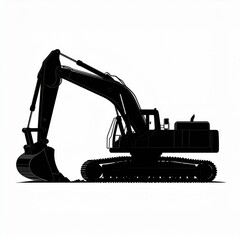 Black Silhouette Of A Heavy Duty Excavator Digging Machine On A White Background Industrial Construction Equipment