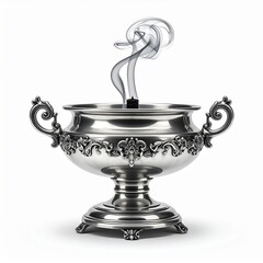 Antique Silver Incense Burner With Ornate Filigree Details Emitting Wisps Of Smoke Against A White Background