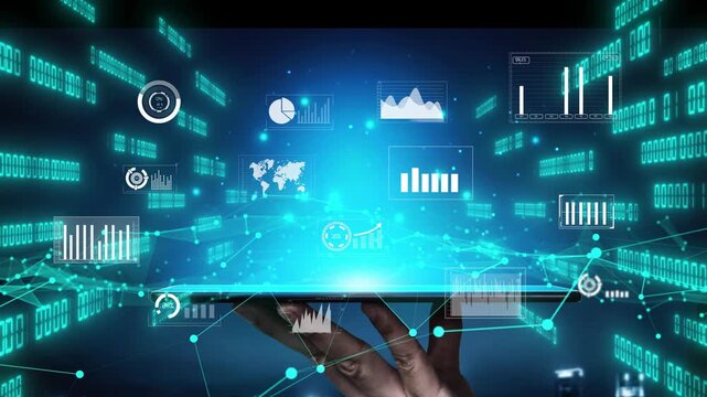 A person holds a tablet displaying a stunning digital interface filled with data visualizations, graphs, and network elements, signifying modern analytics and technology trends. Xenic