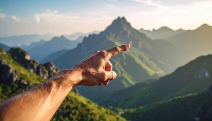 Hand Pointing Towards Distant Mountain Peaks Under Golden Sunlight in a Serene Landscape