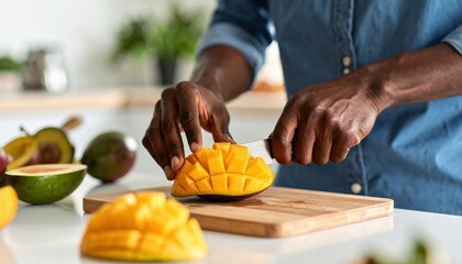 Man Slicing Fresh Ripe Mango Fruit On Wooden Cutting Board In Kitchen With Avocado And Other Fruits Background