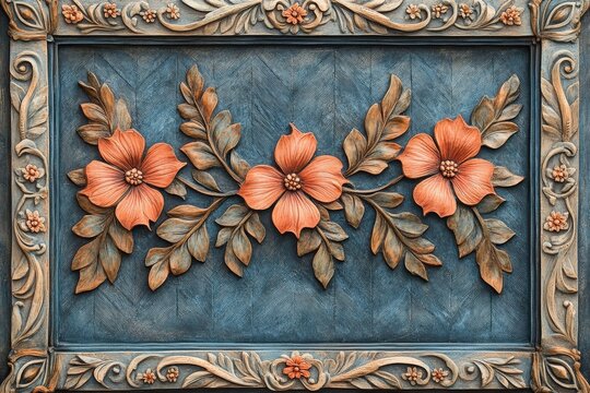 Ornate bas relief panel featuring three prominent salmon colored flowers framed by carved borders.