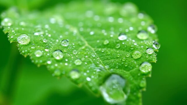Close up of green leaf with water droplets.