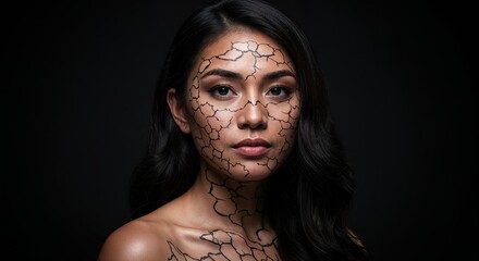 Artistic Portrait with Body Paint: A striking close-up of a young woman's face and body, delicately adorned with intricate body art, embodying strength and cultural depth.