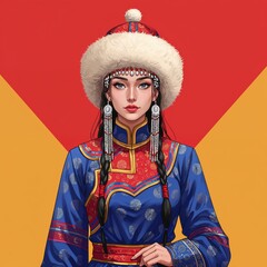 Mongolian Beauty: A portrait of a stunning woman adorned in traditional Mongolian attire, embodying the elegance and cultural richness of her heritage.