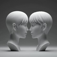 Contemplation of Unity: Two sculpted heads face each other in a moment of silent reflection.  This stark composition suggests themes of introspection and connection.