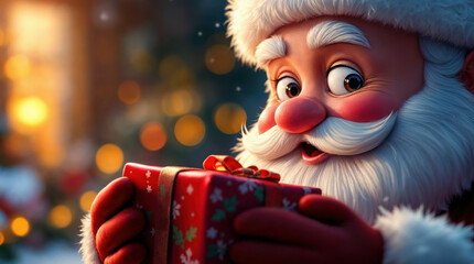 Santa's Gift: A close-up view of Santa Claus with a charming expression as he holds a beautifully wrapped gift.