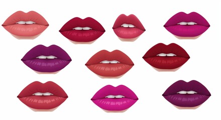 Color Palette: A vibrant collection of perfectly shaped lips, each showcasing a unique shade of rich, luxurious lipstick hues.