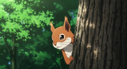 Peek-a-boo: a cute squirrel playfully peeks out from behind a tree, with curious eyes.  