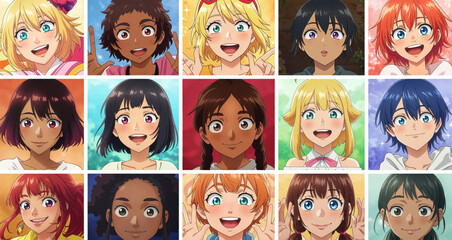 Anime Faces Showcase: A grid of diverse and vibrant anime-style faces bursts with playful expressions and captivating charm, perfect for showcasing character design, manga art.